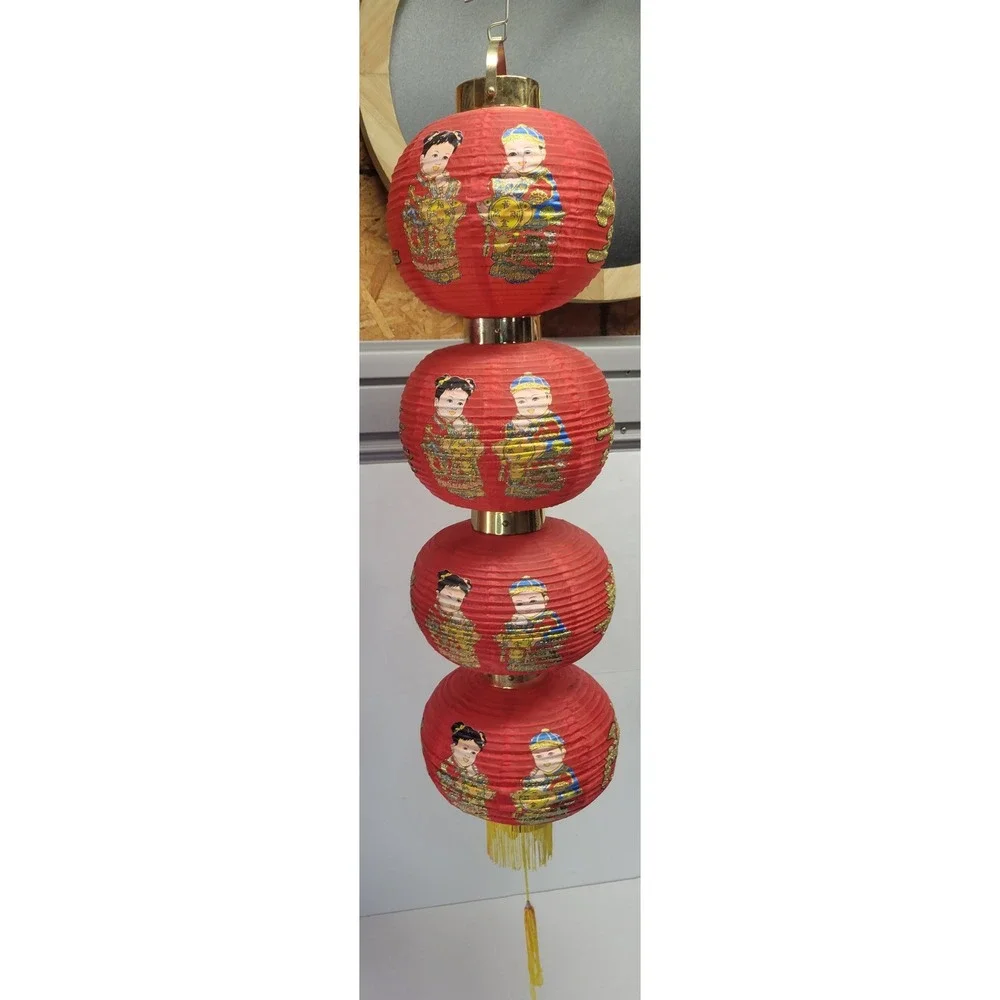 Traditional Chinese‎ Red 4 Tier Paper Lanterns Gold Calligraphy Tassel 36x8x8